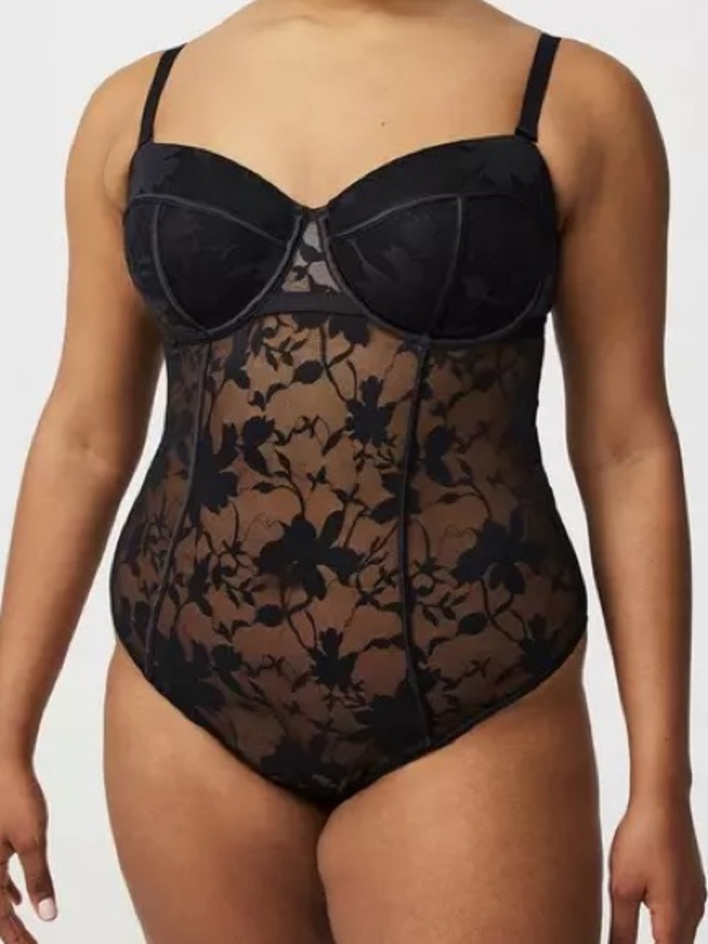 Black Floral Lace Underwire Bodysuit with Sheer Panels